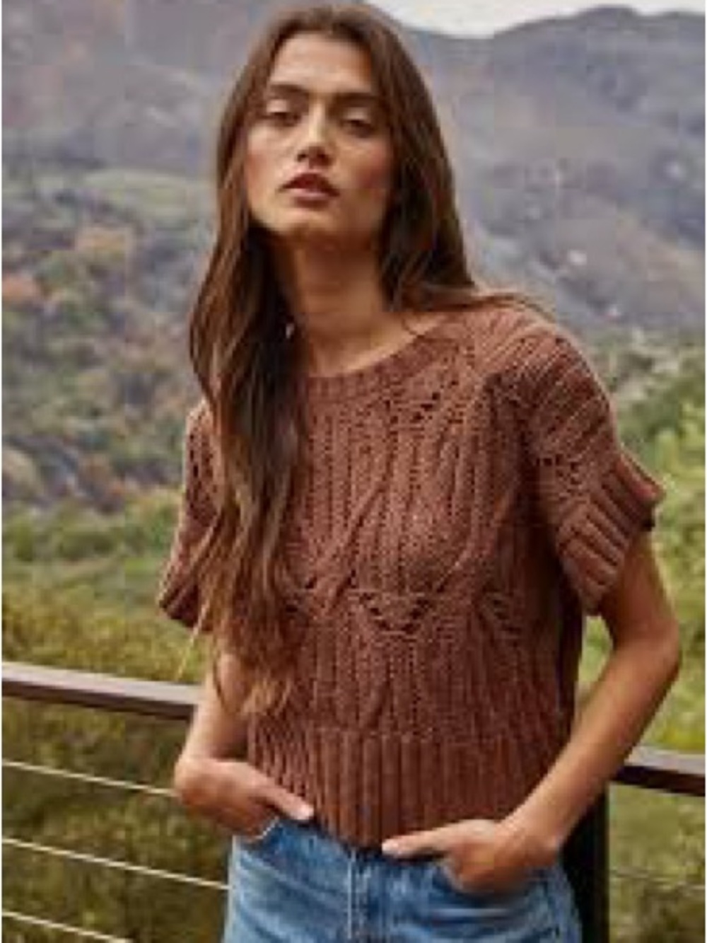 By Together Brown Cable Knit Short Sleeve Crew Sweater